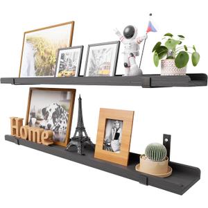 Natural Wood Floating Shelves with Lip, 40 Inch Long Black Floating Wall Shelves with Metal Bracket, Set of 2 Picture Ledge Shelf Wall Mounted Shelves for Living Room, Bedroom and Kitchen.