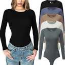 Chongbaijia 5 Pack Long Sleeve Bodysuit for Women Crew Neck Casual Stretchy Basic T Shirt Body Suits Tops Medium