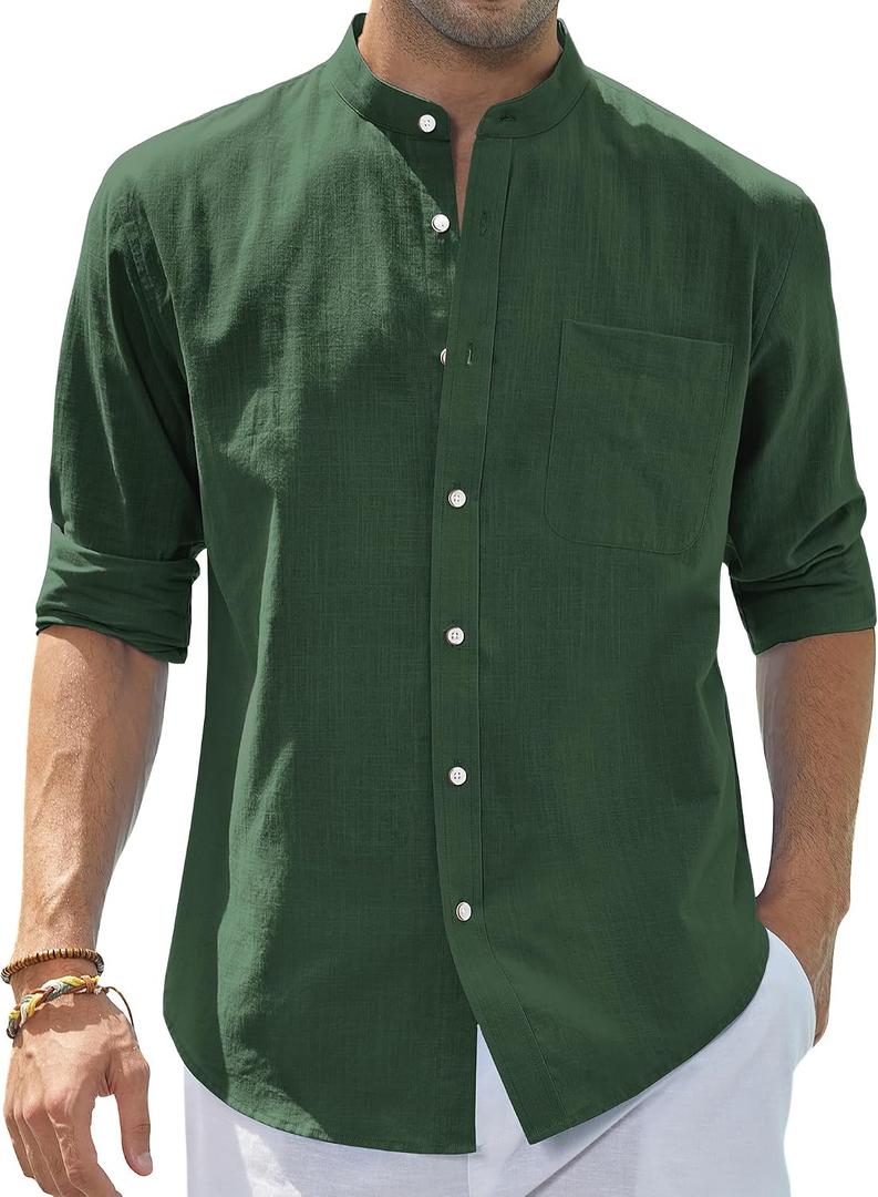 J.VER Men's Cotton Linen Long Sleeve Shirts Casual Button Down Banded Collar Shirt Beach Summer Tops with Pocket XL