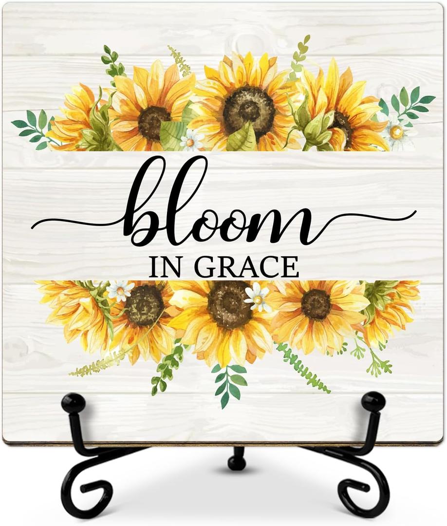 Wooden Table Signs Office Desk Decor - Bloom in Grace, Housewarming Gifts New Home Gifts for Friends, Sunflower Decor Table Centerpieces Desk Decorations for Home Living Room Bedroom -mup16