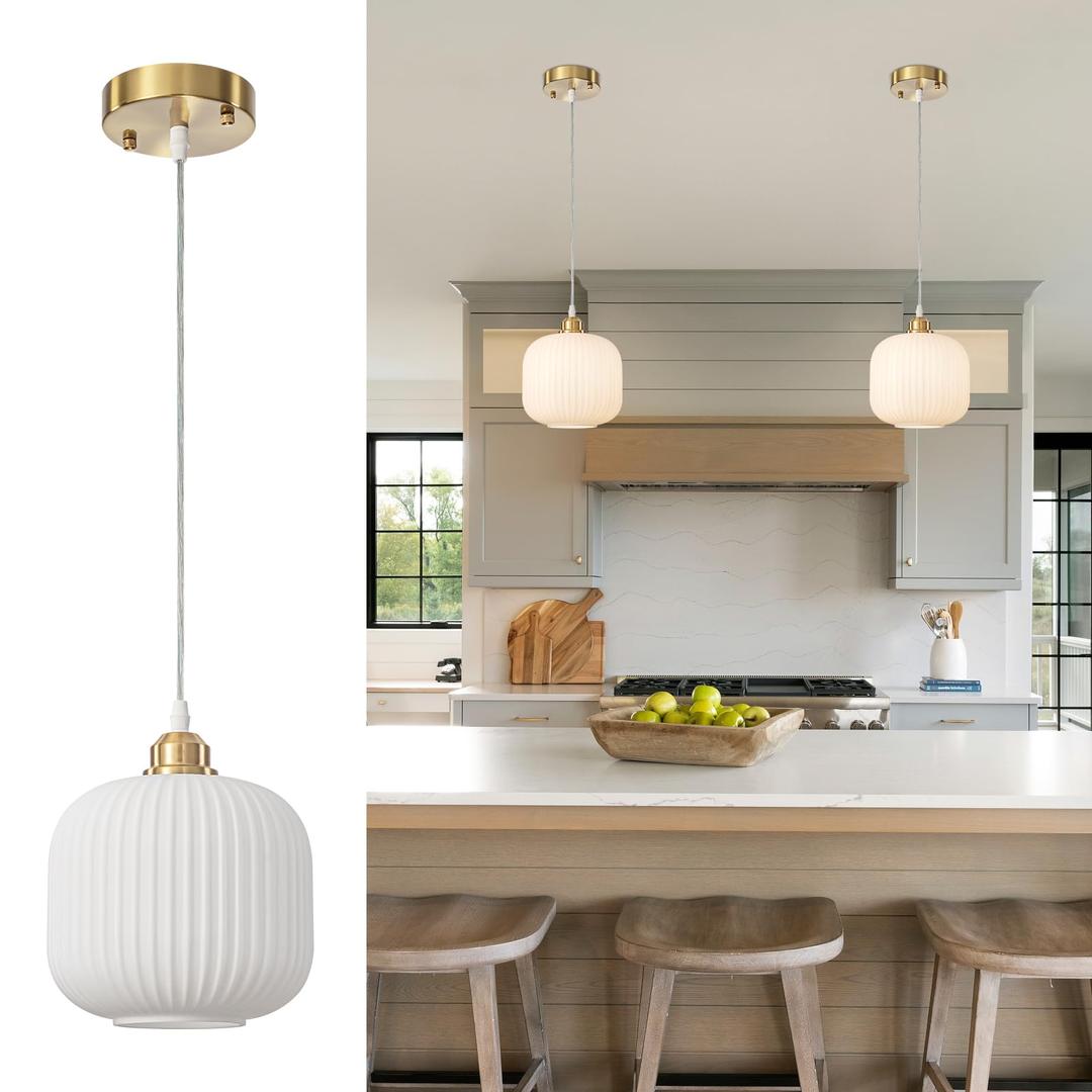 WILON 7.48'' Milk Glass Pendant Light Fixture Vintage White Ribbed Glass Pendant Light, 1-Light Farmhouse Striped Glass Pendant Light for Indoor Bedroom Kitchen Island Living Room