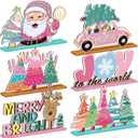6 Pcs Pink Christmas Table Decorations Wooden Table Centerpieces Christmas Tree Santa Claus Hohoho Joy to The World Reindeer Xmas Tabletop Signs for Xmas Holiday Party Room Home Desk Supplies