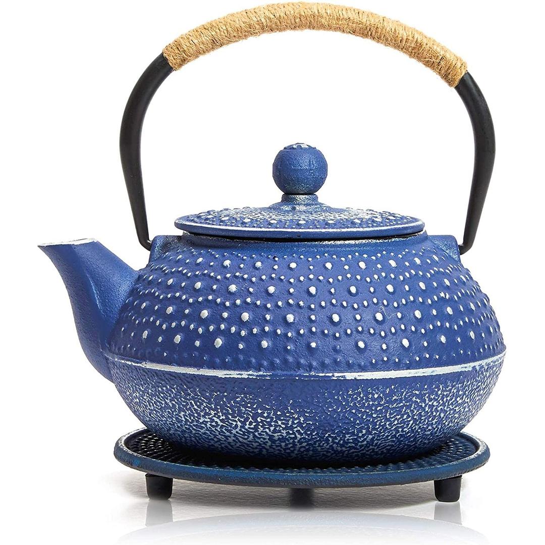Juvale Cast Iron Teapot with Infuser - Blue, 27 oz (800 mL) - Stovetop Tea Kettle for Loose Leaf Tea - Includes Stainless Steel Infuser & Trivet