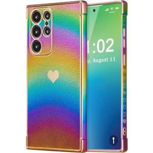 ZTOFERA for Samsung Galaxy S24 Ultra Case 6.8 inch,Cute Colorful Iridescent Plating Edge Case with Love Hearts Pattern,Camera Lens Protection Shockproof Phone Case for Women Girls,Iridescent Violet