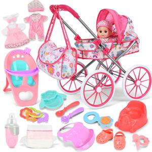 Baby Doll Stroller Toy Set with 12.5'' Doll and Accessories- 2 Doll Clothes, Diaper, Dining Chair, Pacifier, Storage Bag, Baby Doll Stroller Toys for Girls Toddlers 3-5 4-6 5-7 Gifts for Pretend Play