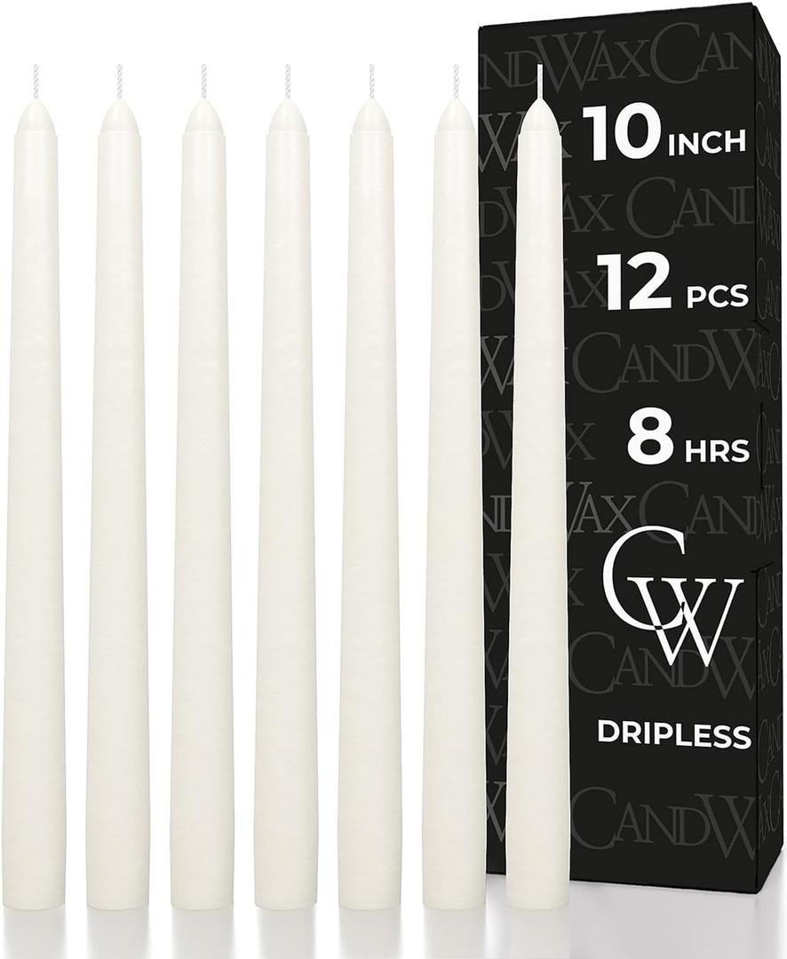 CANDWAX 10 inch Tapered Candles - Set of 12 Pearl Unscented Dripless Candlesticks - Perfect for Dinner - Ivory Candle