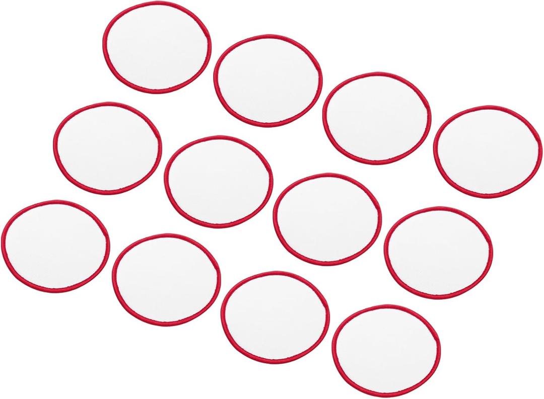 MECCANIXITY 60pcs Sublimation Patch Blank, 7.5cm/2.95 Inch Round Fabric Iron-on Blank Heat Transfer Repair Patch for DIY Crafts Caps Clothes, White with Red Border