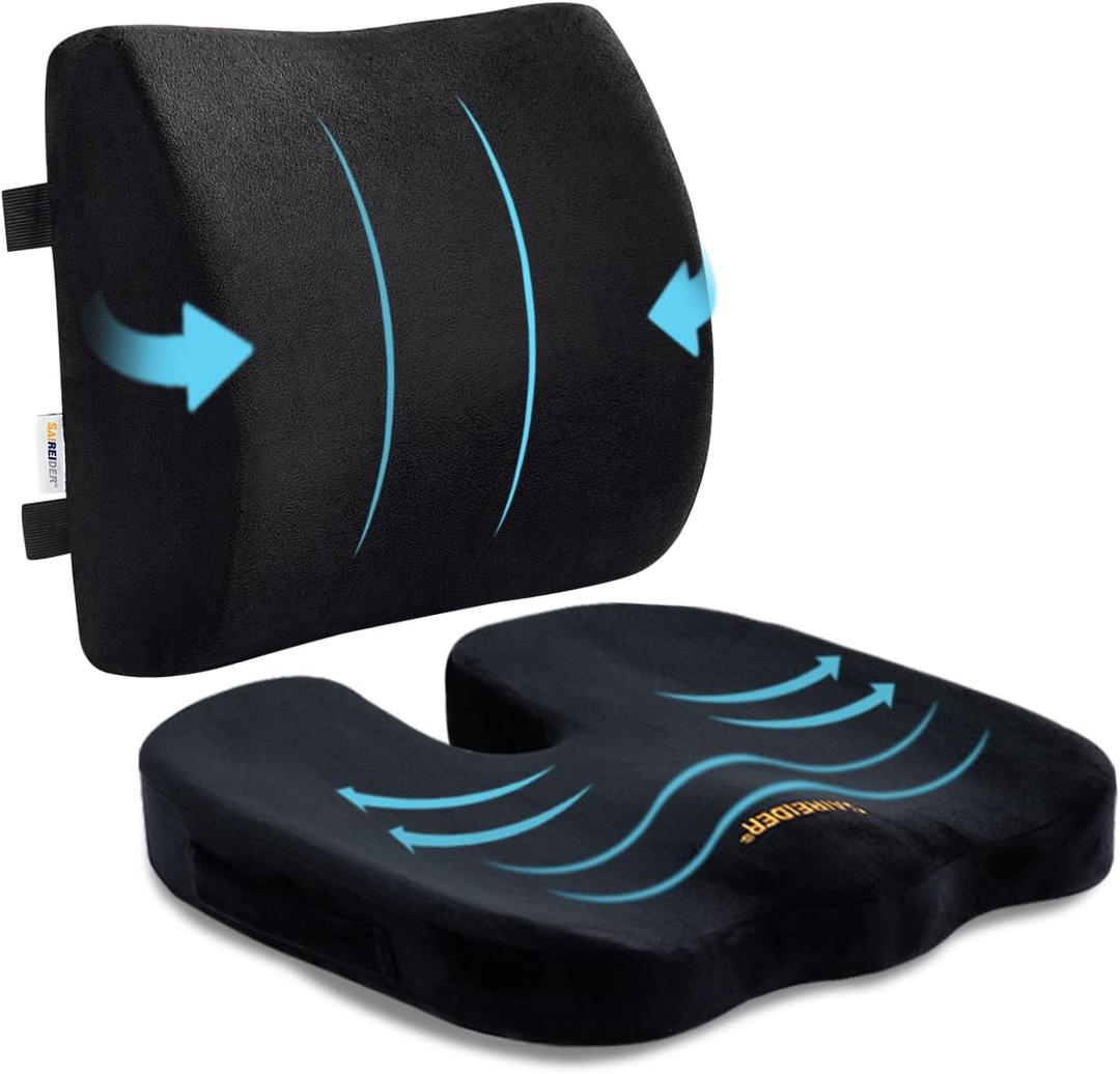 SAIREIDER Seat Cushion and Lumbar Support Pillow for Office Chair, Memory Foam Car Seat Cushions Back Support Pillows, Help Relieve Pain of Back, Lumbar, Tailbone and Sciatic Nerve, Black