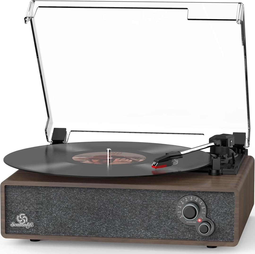 Record Player Built-in Stereo Speakers Vintage Turntable for Vinyl Records LP Phonograph Belt Drive 3 Speed 3 Size Support Wireless Input RCA Output Auto Stop Tone Adjustment Retro Wooden Walnut Brown