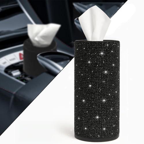 Bling Car Tissue Holder for Cup Holder – Sparkly Rhinestone Round Tissue Dispenser with 1 Pack Tissues – Fits Standard Auto Cup Holders – Stylish Car Interior Accessory for Women(Black)