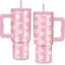 Gifts for Women - 24 oz Pink Daisy Tumbler with Handle and Straw - Insulated Stainless Steel Cup, Leakproof, Cute Floral Daisy Design Travel Mug, BPA Free, Fits Car Cup Holders, Keeps Drinks Cold/Hot