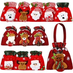 Clysee 12 Pcs Christmas Gift Doll Bags Christmas Eve Apple Bags Reusable Drawstring Gift Bags Elk Bear Santa Claus Snowman Fabric Goody Bag for Christmas Candy Party Favors Holiday Wrapping