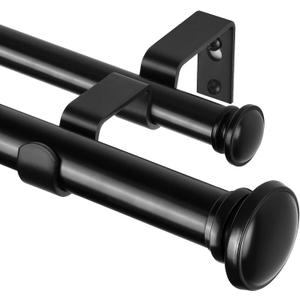 TONIAL 1 Inch Double Curtain Rods 36 to 72 Inches (3 to 6ft), Heavy Duty Decorative Drapery Rod for Windows 24 to 68 Inches (2 to 5.7ft) with Small Cap Finial, Black