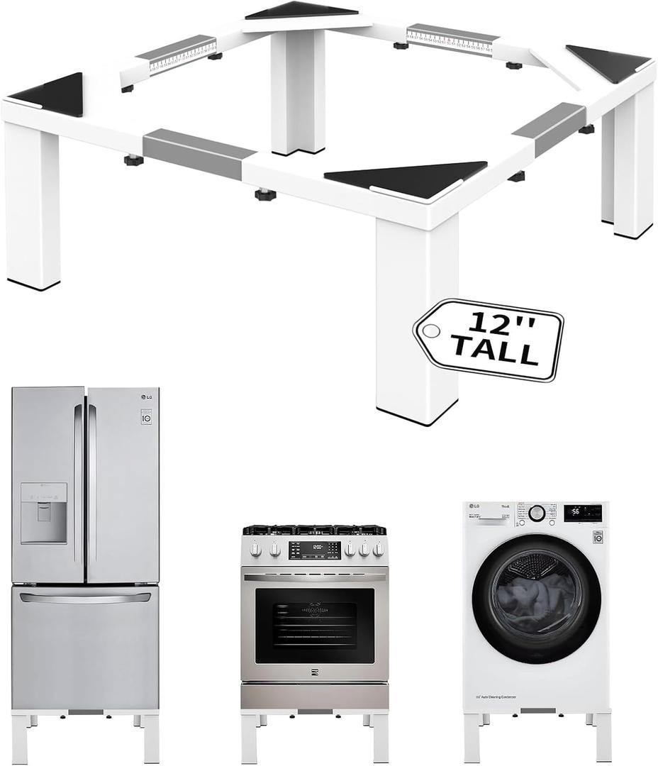 Heavy-Duty All Steel Laundry Pedestal, Full Size 12" Height Washing Machine Stand, Universal Adjustable Washer and Dryer Pedestals (White)