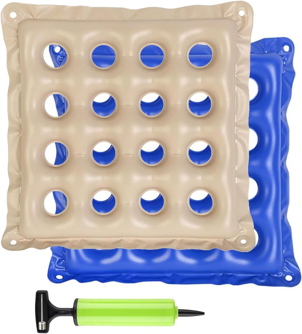 Waffle Cushion 2 Pack - Inflatable Air Cushion with Pump - Pressure Sore Relief - Cream and Blue 17x17 Inch