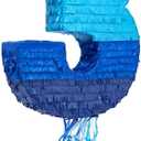 Ombre Blue Number 3 Pull String Pinata for Kids, 16.5"x3"x11.5" Fillable Hanging Decoration for 3rd Birthday Decorations for Boys Girls, Holds Candy, Confetti