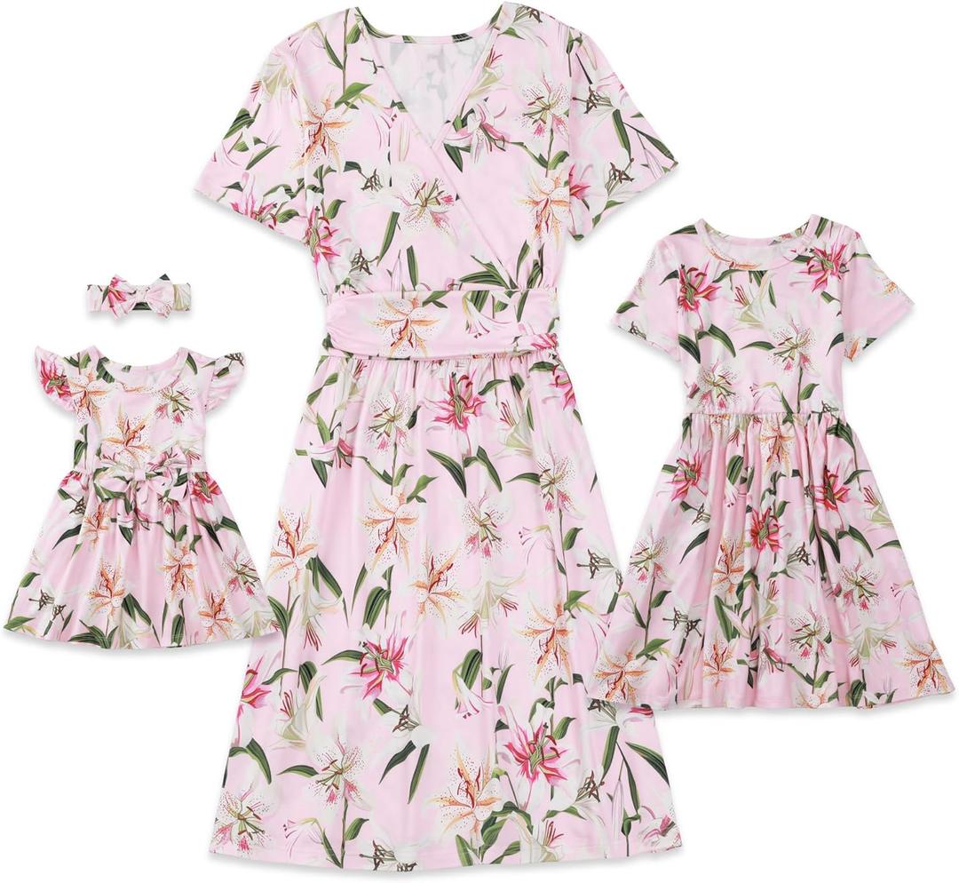 Mommy and Me Floral Dresses Mother Daughter Matching Short Sleeve Tshirt Midi Dress Crew Neck Outfits with Pockets (Large, Pink)