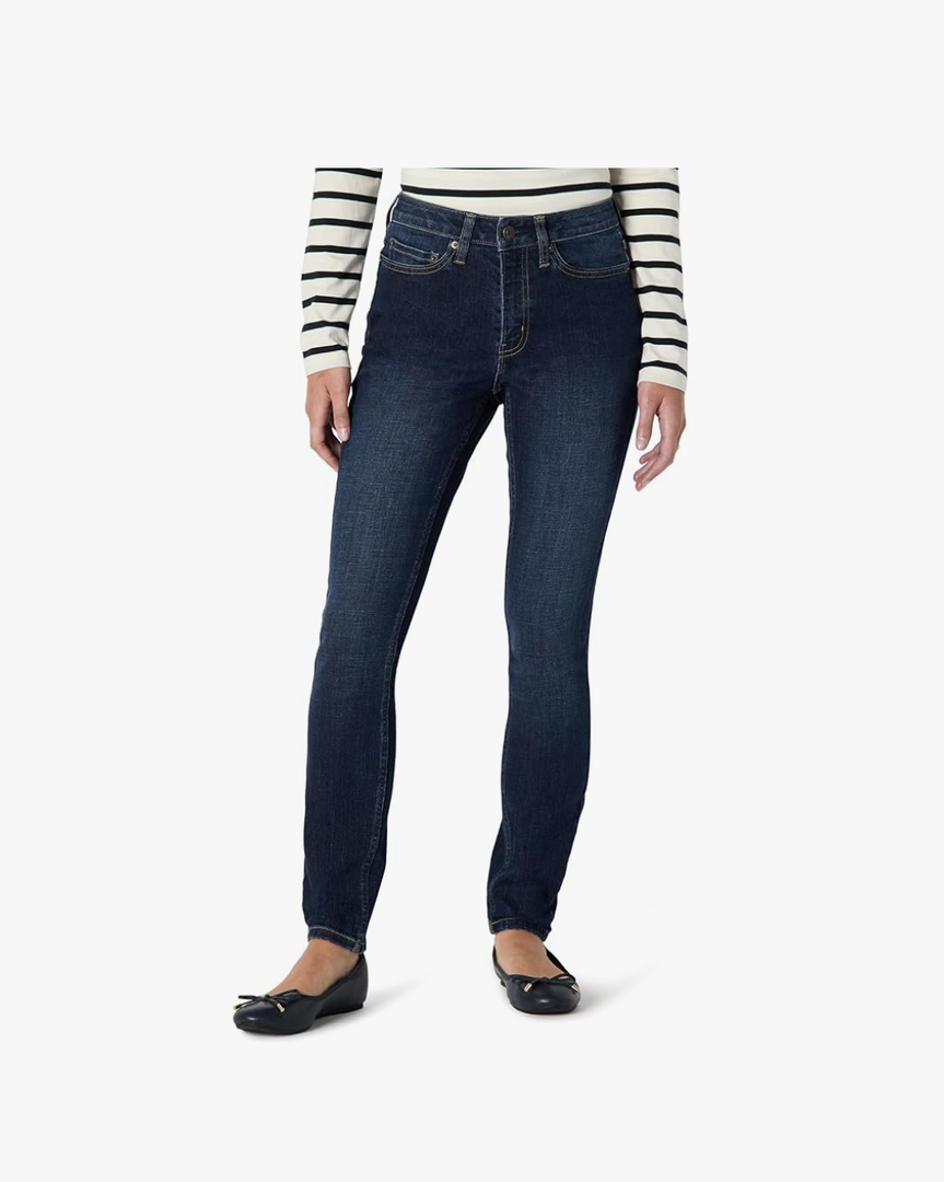 Essentials Womens High Stretch Mid-Rise Skinny Jean, Size S, Dark Wash