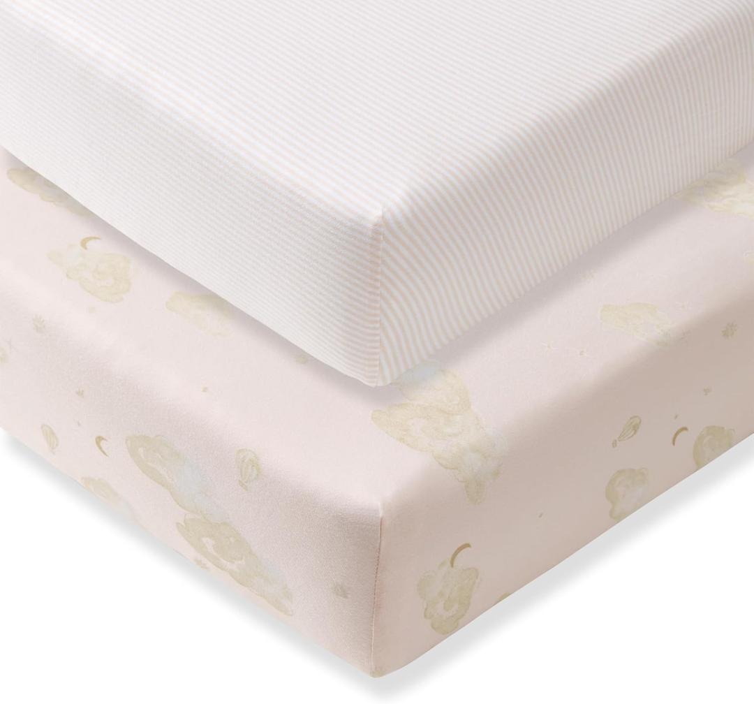 Burt's Bees Baby Essential Organic Cotton Fitted Crib Sheet, Breathable for Boy Girl Standard Crib & Toddler Mattresses (2-Pack, Good Night Sky Pink 2-pk)