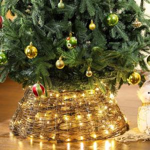 24 Inch Christmas Tree Collar for 7.5 ft Artificial Trees LED Lighted Vine Tree Skirt Woven Rattan Trees Base Cover Basket Rustic Farmhouse Holiday Xmas Decoration