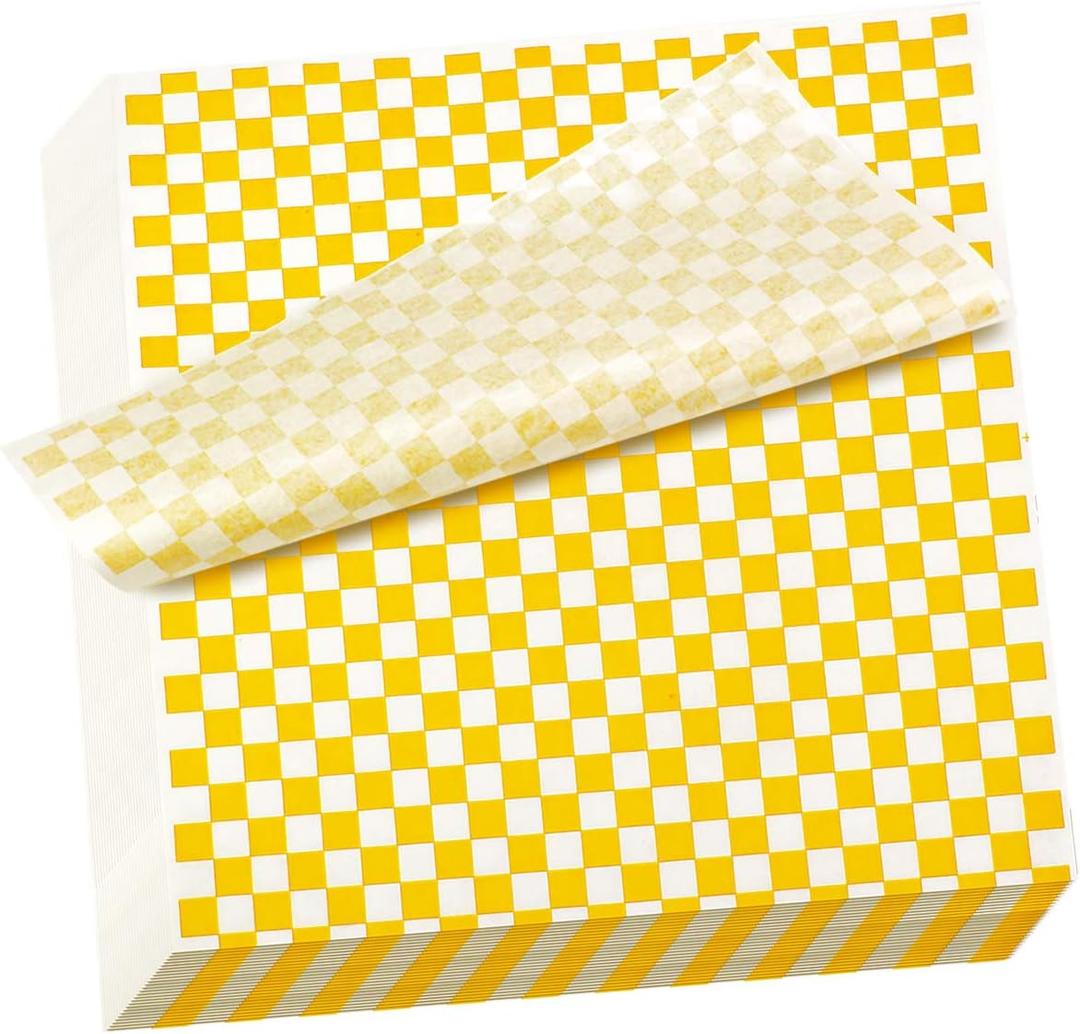 100 Sheets Checkered Dry Waxed Deli Paper Sheets, Paper Liners for Plastic Food Basket, Wrapping Bread and Sandwiches (Yellow)