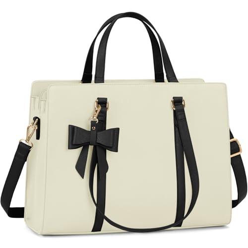 Laptop Bag for Women 15.6 inch Laptop Tote Bag Waterproof Leather Computer Bag Large Lightweight Briefcase Professional Business Office Work Bag, Beige with Black