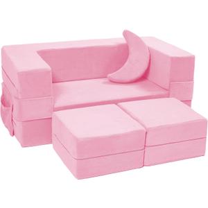 Modular Kids Sofa,Toddler Couch Foam Armchair for Kids, Children Convertible Plush Sofa Play Set,Fold Out SofaBed(Pink)