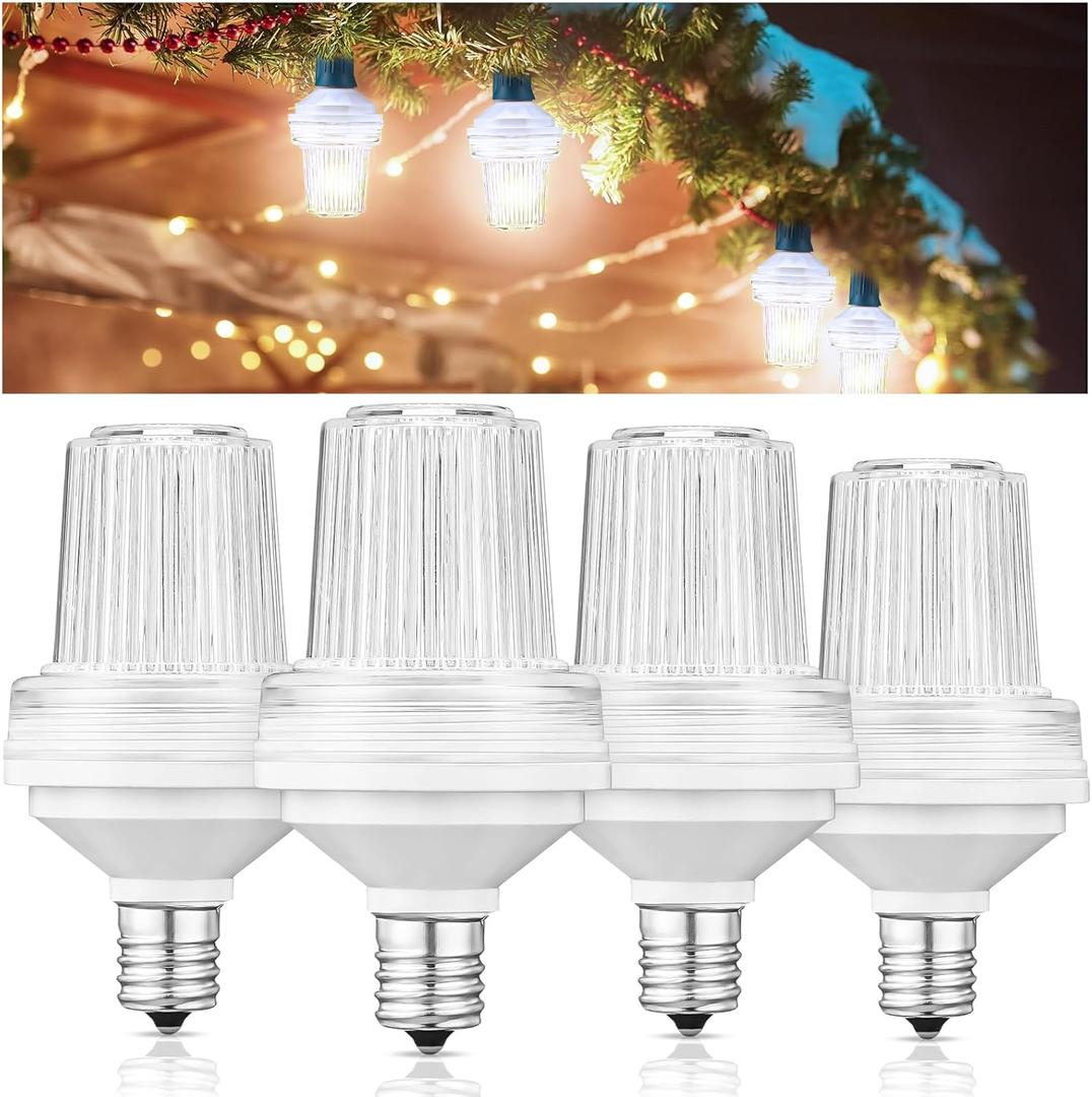 4 Pcs 120v Strobe C9 Christmas Lights Bulbs Outdoor Waterproof C9 LED Replacement Bulbs E17 Base 6000k Bright Flashing Strobe Light for Indoor Outdoor Yard Xmas Tree Decor(White)