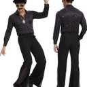 6 Pcs 70s Disco Outfit Costume for Men Dance Bell Bottom Pants Retro Shirts Moustache Sunglasses Wigs Necklace (Medium, Black)
