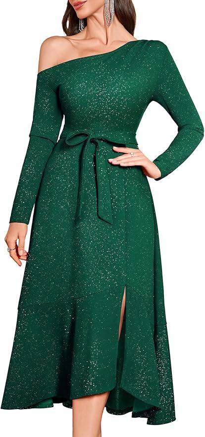 Womens Formal Wedding Guest Dress Christmas Cocktail Evening One Shoulder Long Sleeve Glitter Sparkly Dresses, Size M
