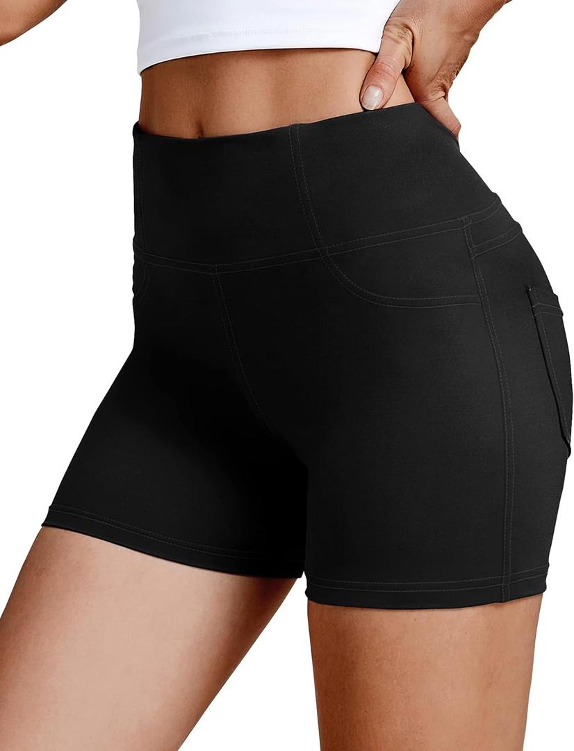 VOOVEEYA 5"/8" High Waisted Yoga Biker Shorts with Pockets for Women - Butt Lifting Workout Spandex Booty Gym Shorts (Medium, Solid Black)