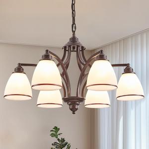 6-Light Brown Farmhouse Chandelier Light Fixture for Kitchen Antique Matte Brown Ceiling Hanging Lamp Adjustable 47" Max Pendant Light for Dining Room Table, Island, Entryway, Living Room