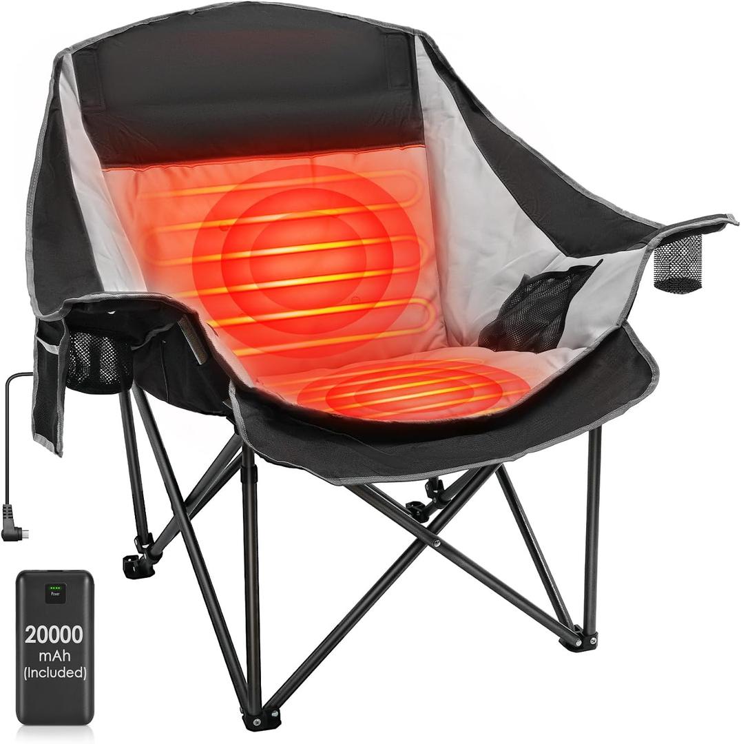 Heated Camping Chair with 20000mAh Battery - Heavy Duty Padded Comfy Warm, Black Gray With 20000mah Battery