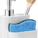 Shinowa Soap Dispenser with Sponge Holder, Marble Look Liquid Hand and Dish Soap Dispenser and Sponge Caddy with Brush Holder, 3 in 1 Countertop Organizer for Kitchen Sink and Bathroom