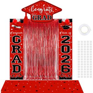 7 Pcs Graduation Party Decorations Class of 2026 Congrats Grad Banner Red Foil Fringe Backdrop Curtains Red Graduation Decorations for High School & College Celebrations Party Supplies
