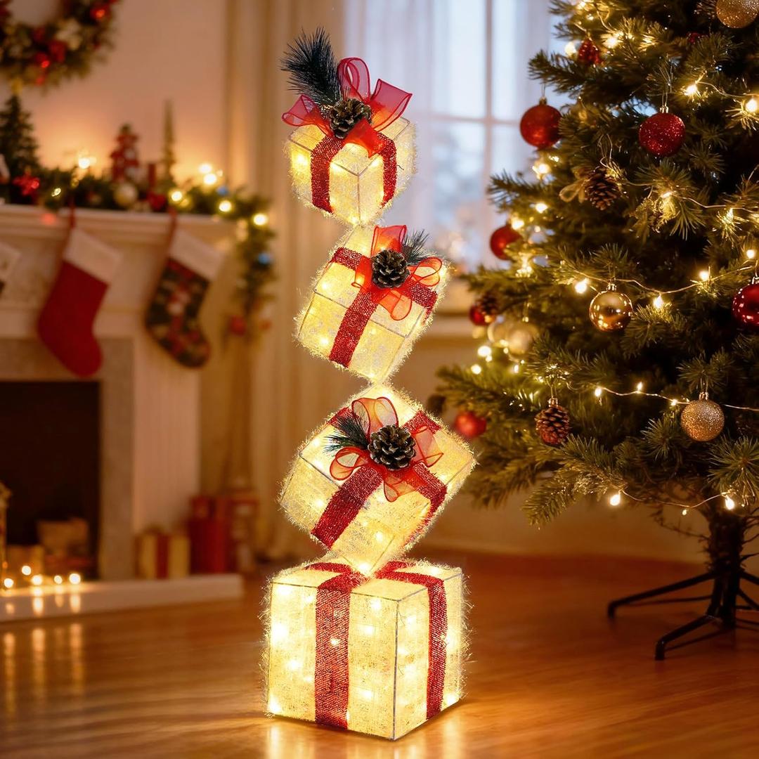 F FINEC Set of 4 Christmas Lighted Gift Boxes, Stackable Light Up Present Boxes Ornament, Battery Operated Xmas Present Boxes, LED Christmas Boxes with Bows for Indoor Christmas Tree, Yard, (Red)