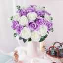 20PCS Artificial Roses with Long Stems - Realistic Silk Flowers, Fake Roses Real Touch Bouquet of Roses for Home Decor, Bridal Wedding Party Table Centerpieces, Bulk Faux Rose Flowers (White Purple)
