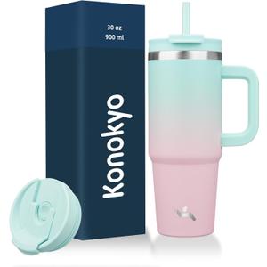 30 oz Tumbler with Handle and 2 Straws,2 in 1 Lid Insulated Water Bottle Stainless Steel Travel Coffee Mug,Gum (30 Ounces)