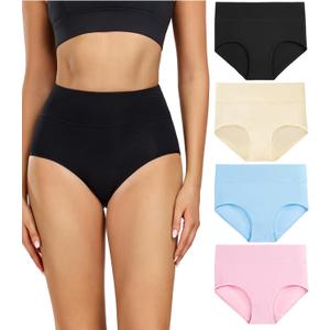 wirarpa Women's Cotton Underwear High Waisted Ladies Panties Full Coverage Briefs 4 Pack (Regular & Plus Size) (X-Large, Black/Beige/Light Blue/Light Pink - Set 1)