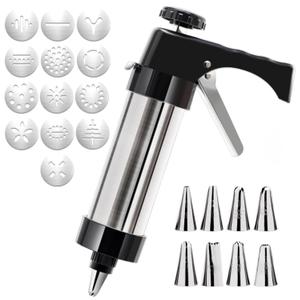 Stainless Steel Cookie Press, spritz Cookie Press for Baking, Cookie Press Gun Kit with 13 Cookie Discs and 8 Piping Tips for DIY cake Maker Decorating Baking Supplies (Cookie Press Gun Kit)