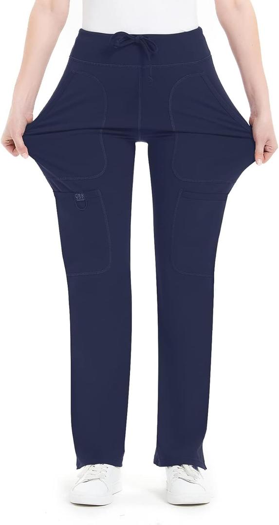 QBK Yoga Scrub Pants Women Mid Rise Yoga Work Pants- Five Pocket Cargo Scrub Pant (XX-Large, Navy)