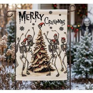 MERRY CREEPMAS Garden Flags for Outside Decoration, Christmas Skeleton Small Yard Flag, Seasonal Farmhouse Winter Holiday Outdoor Decor 12x18 Inch Vertical Double Sided