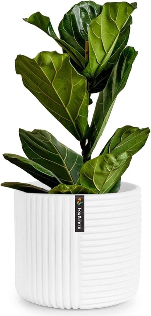 Fox & Fern Large 12 Inch Planter with Drainage Plug Premium Polystone White Plant Pot; Modern Planter with 3D Texture and Ceramic Finish; 12 Inch Pots for Plants Indoor & Outdoor