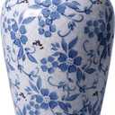 Decorative 10 inch Ceramic Flower Vase, Blue and White Floral Pattern, Crackle Glaze Finish