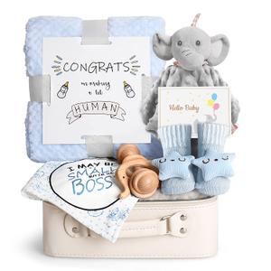 Baby Shower Gifts, Baby Boy Gift Basket Set Newborn Blanket Elephant Lovey Baby Security Blanket Wooden Rattle Toy, Funny Bibs Socks & Greeting Card, New Boys Baby Gift Essentials (Elephant Blue)