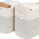 Storage Baskets for Clothes Fabric Cotton Rope Storage Basket with Handles, Decorative Woven Basket for Living Room,Closet Organizer Blankets, and 2bags (White/Black Line, L17.8W12.5H17.9)