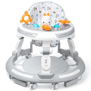 Baby Walker with Wheels - Foldable Baby Walker,Toddler Walker for Baby Girl 6-12 Months, Infant Walker with Adjustable Height, Baby Activity Walker with Toys, Music, Lights, Anti-Rollover,Grey