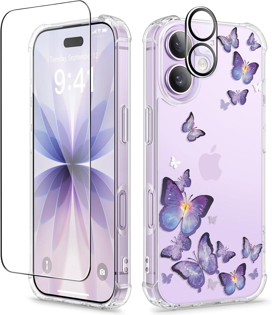 GVIEWIN for iPhone 17 Case, with Screen Protector+Camera Lens Protector, [NonYellowing] Clear Floral Slim Shockproof Protective Hard PC Back Women Phone Case for iPhone 17 6.3", Alluring Butterfly