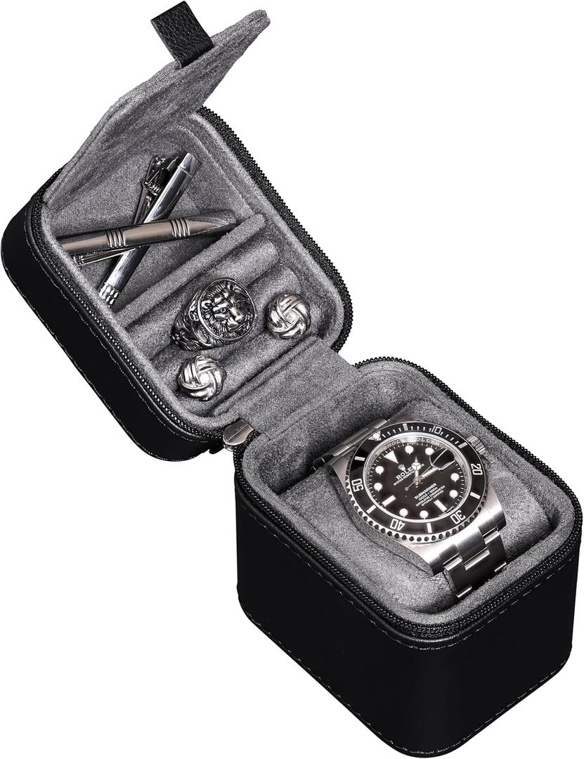 ROTHWELL Single Watch Travel Case with Accessory Compartment | Compact PU Leather Protective Box w/Microsuede Interior | Fits Watches & Smartwatches Up to 55mm | Accessory Lid for Jewelry (BlackGrey)