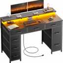 HLDIRECT 47 inch Computer Desk with 8 Storage Drawers, Gaming Desk with LED Lights & USB Power Outlets, Home Office Table with Monitor Stand, Study Writing Work Table for Bedroom, Black